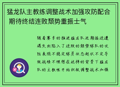 猛龙队主教练调整战术加强攻防配合 期待终结连败颓势重振士气