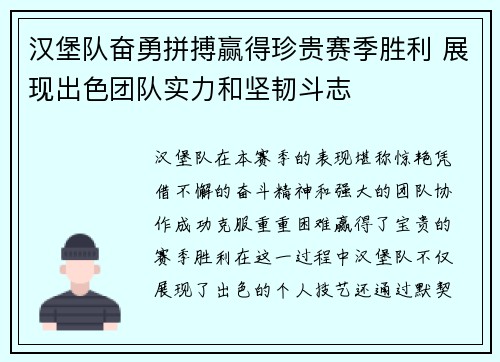 汉堡队奋勇拼搏赢得珍贵赛季胜利 展现出色团队实力和坚韧斗志