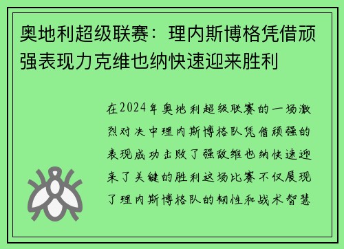 奥地利超级联赛：理内斯博格凭借顽强表现力克维也纳快速迎来胜利