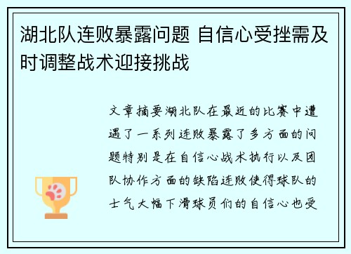 湖北队连败暴露问题 自信心受挫需及时调整战术迎接挑战