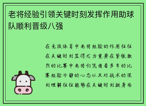 老将经验引领关键时刻发挥作用助球队顺利晋级八强