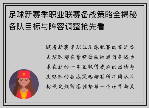 足球新赛季职业联赛备战策略全揭秘各队目标与阵容调整抢先看