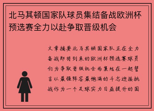 北马其顿国家队球员集结备战欧洲杯预选赛全力以赴争取晋级机会