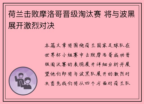 荷兰击败摩洛哥晋级淘汰赛 将与波黑展开激烈对决