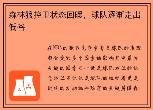 森林狼控卫状态回暖，球队逐渐走出低谷