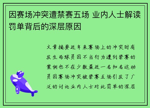 因赛场冲突遭禁赛五场 业内人士解读罚单背后的深层原因