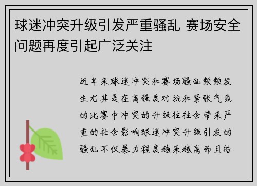 球迷冲突升级引发严重骚乱 赛场安全问题再度引起广泛关注