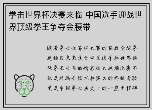 拳击世界杯决赛来临 中国选手迎战世界顶级拳王争夺金腰带